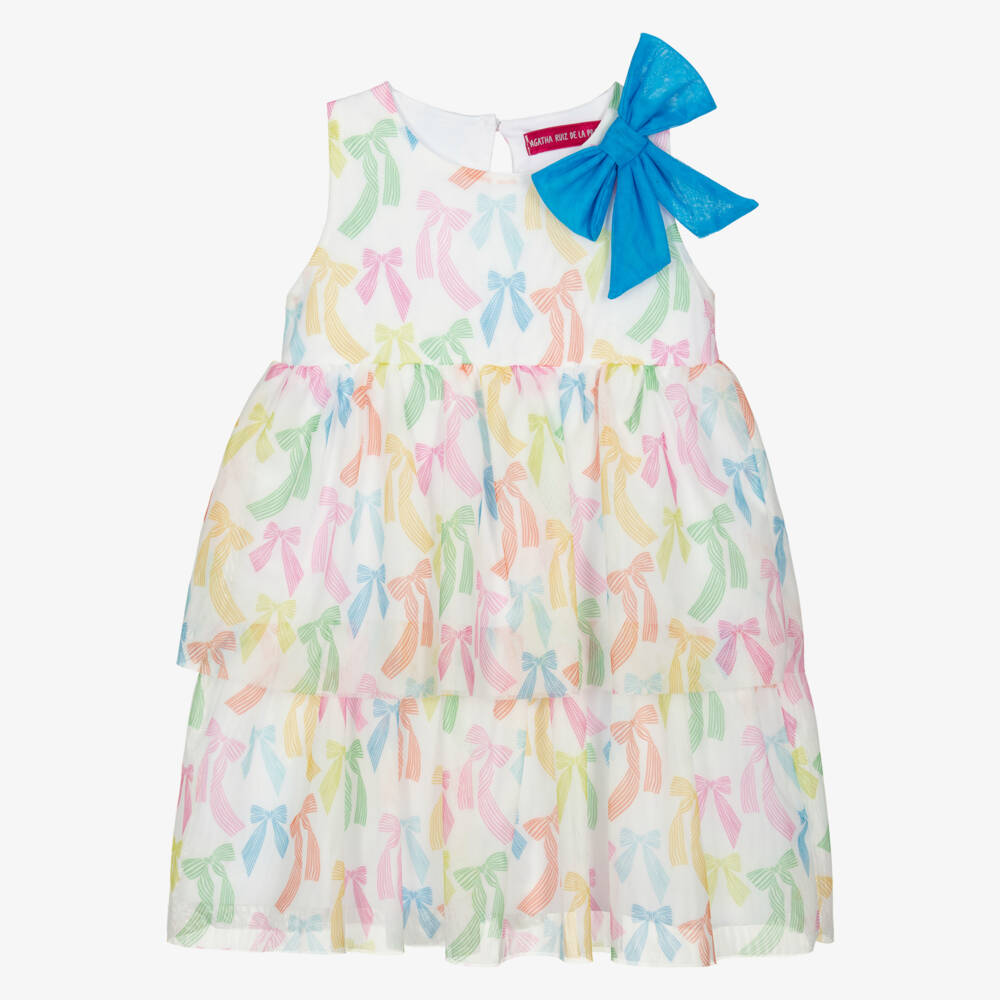 Agatha Ruiz de la Prada-Girls Ivory Tulle Dress with Colourful Bow Print | Childrensalon