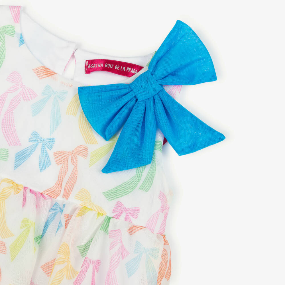 Agatha Ruiz de la Prada-Girls Ivory Tulle Dress with Colourful Bow Print | Childrensalon