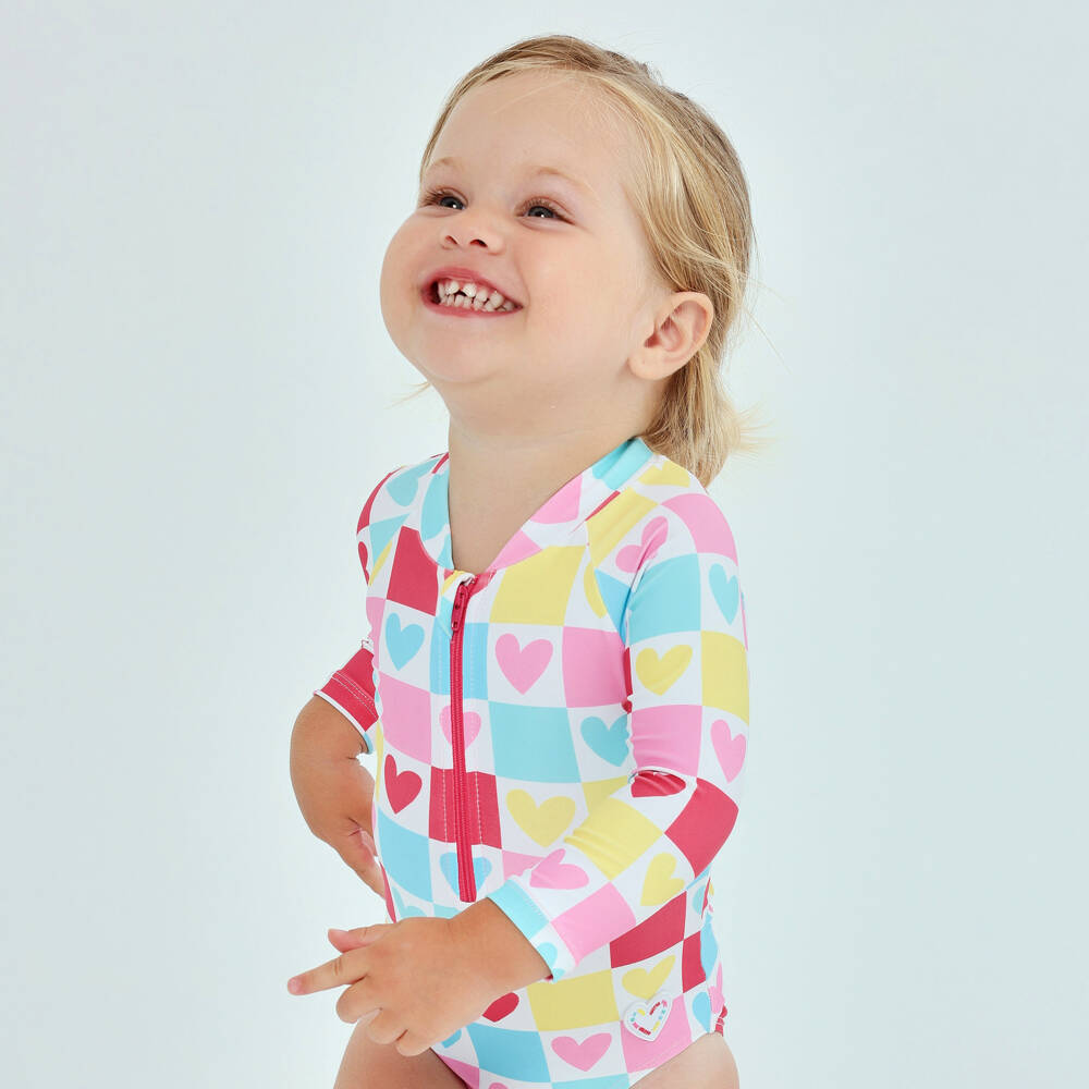 Agatha Ruiz de la Prada-مايوه سباحة بأكمام طويلة بنقشة مربعات بألوان متعددة للبنات | Childrensalon