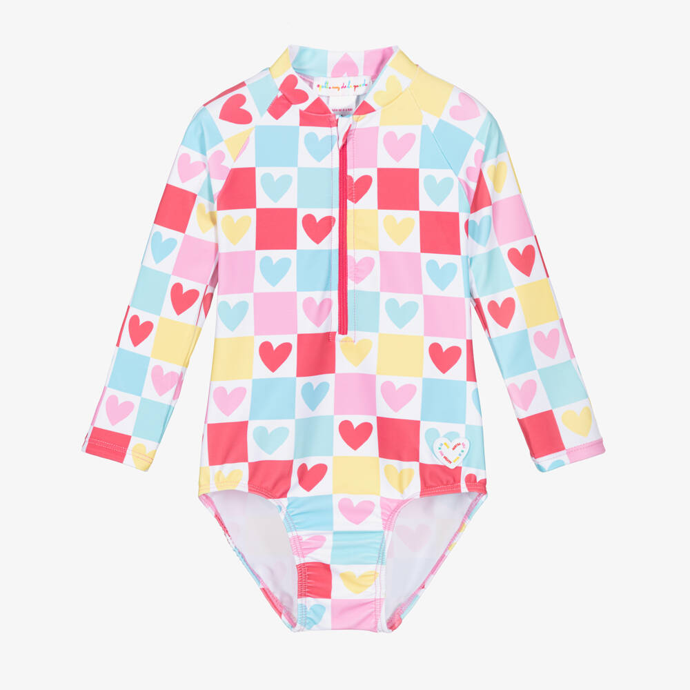 Agatha Ruiz de la Prada-Girls Multi-Coloured Check Long Sleeve Swimsuit with Hearts | Childrensalon