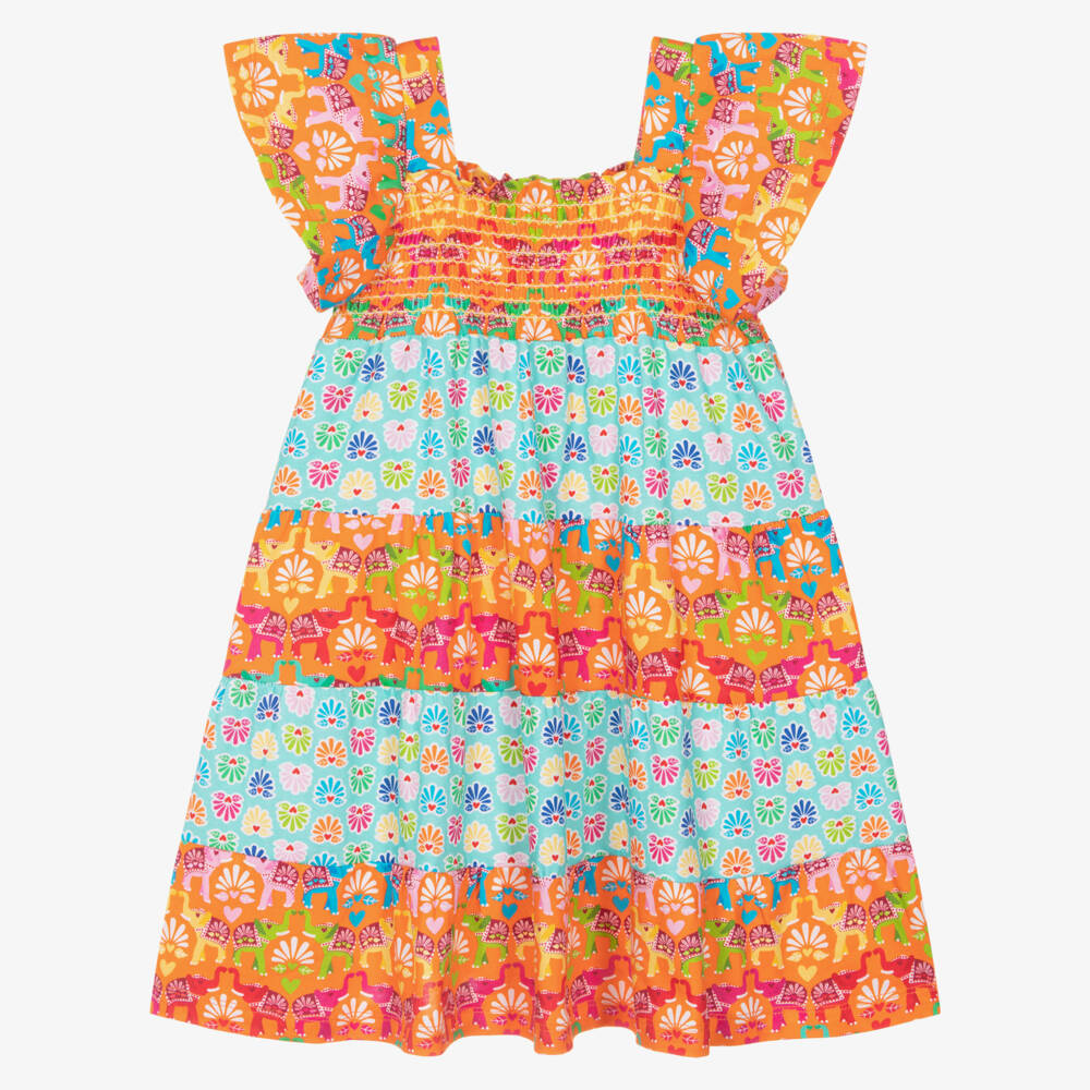 Agatha Ruiz de la Prada-Girls Orange & Aqua Blue Dress with Elephant Print | Childrensalon