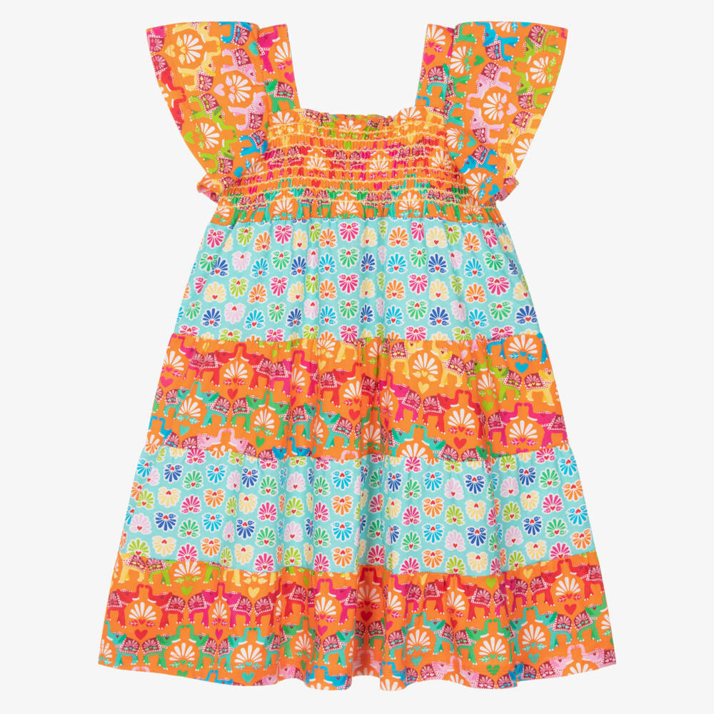 Agatha Ruiz de la Prada-Girls Orange & Aqua Blue Dress with Elephant Print | Childrensalon