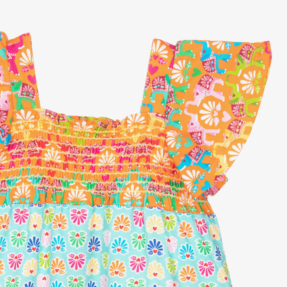 Agatha Ruiz de la Prada-Girls Orange & Aqua Blue Dress with Elephant Print | Childrensalon