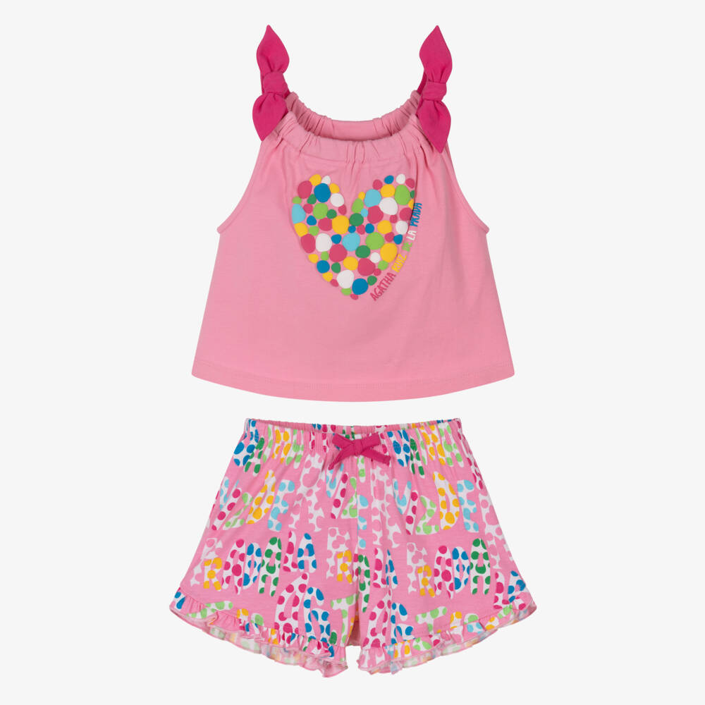 Agatha Ruiz de la Prada-Girls Pale Pink Cotton Logo Shorts Set with Dots | Childrensalon
