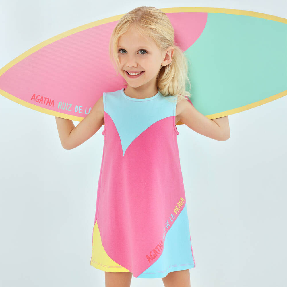 Agatha Ruiz de la Prada-Girls Pink & Aqua Blue Cotton Heart Dress | Childrensalon