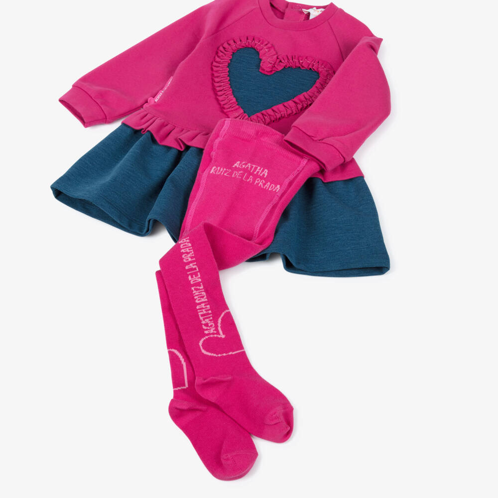 Agatha Ruiz de la Prada-Girls Pink & Blue Heart Jersey Dress & Tights Set | Childrensalon