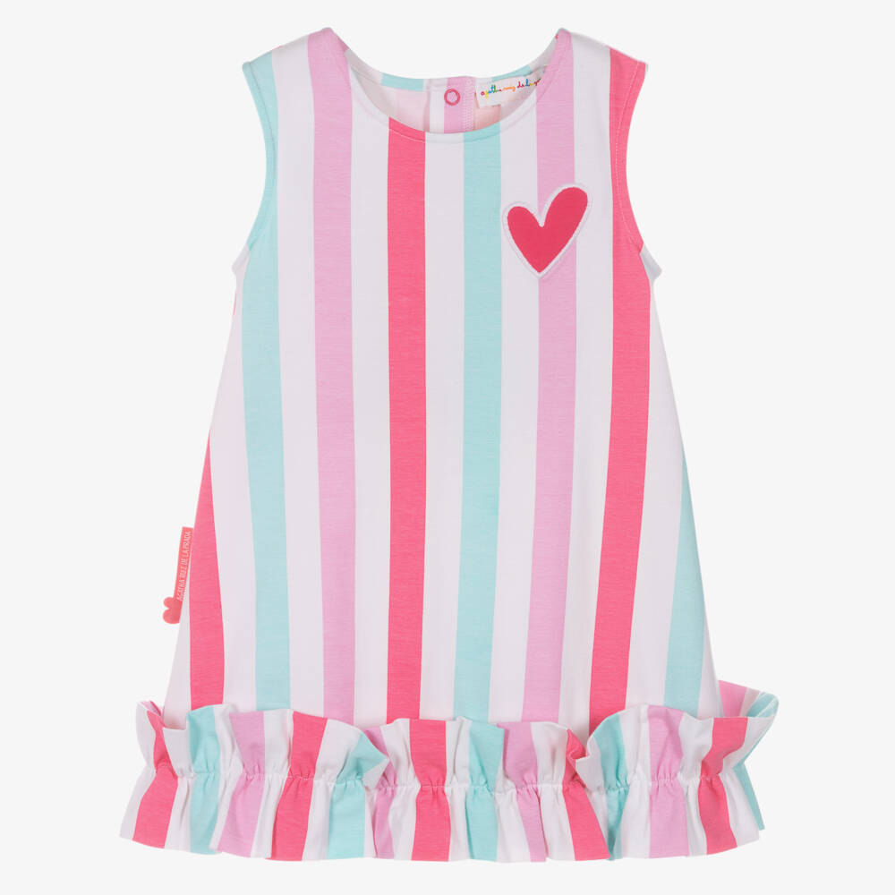 Agatha Ruiz de la Prada-Girls Pink & Blue Stripe Cotton Dress with Heart & Ruffle | Childrensalon