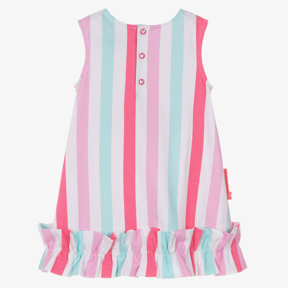 Agatha Ruiz de la Prada-Girls Pink & Blue Stripe Cotton Dress with Heart & Ruffle | Childrensalon