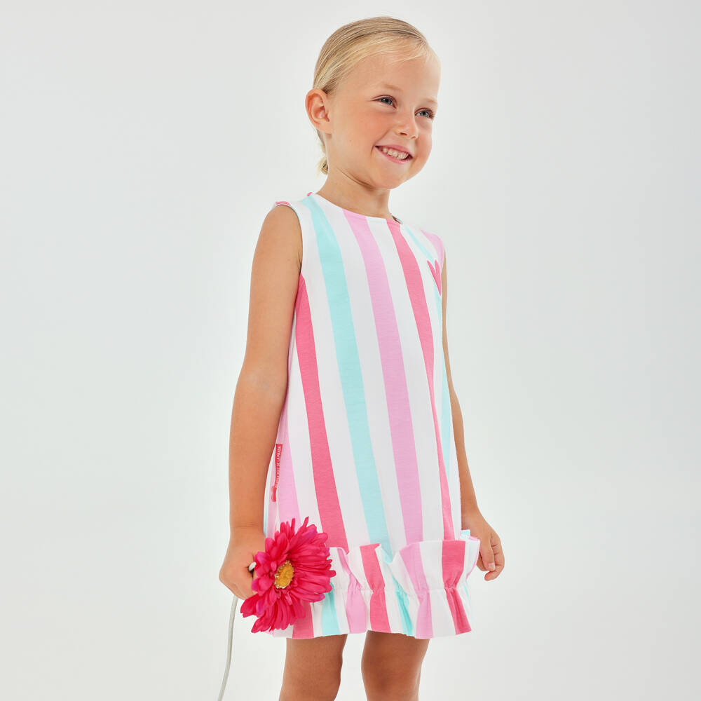 Agatha Ruiz de la Prada-Girls Pink & Blue Stripe Cotton Dress with Heart & Ruffle | Childrensalon