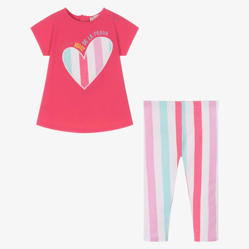 Agatha Ruiz de la Prada-Girls Pink & Blue Striped Cotton Leggings Set | Childrensalon