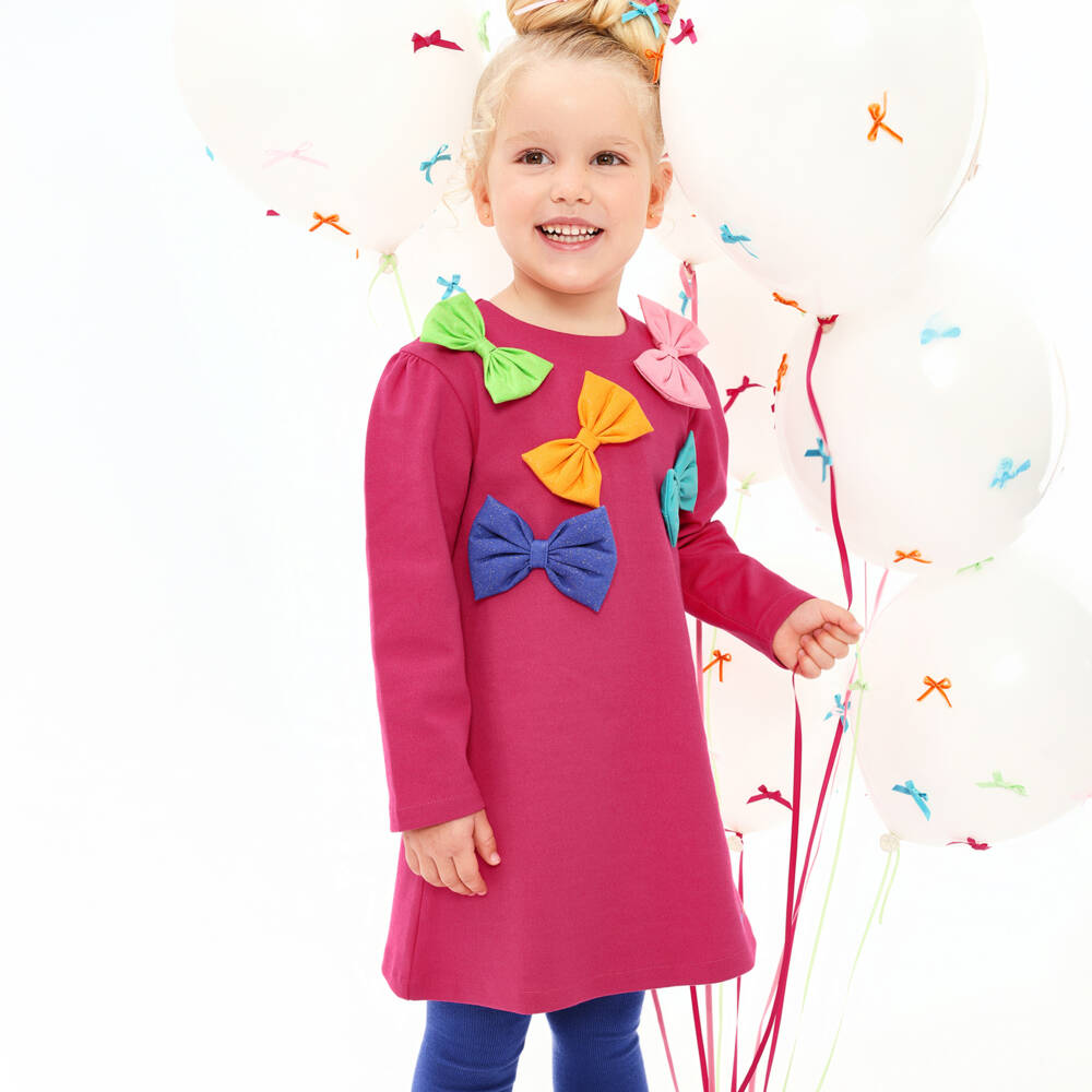 Agatha Ruiz de la Prada-Girls Pink Bow Detail Dress & Blue Tights Set | Childrensalon