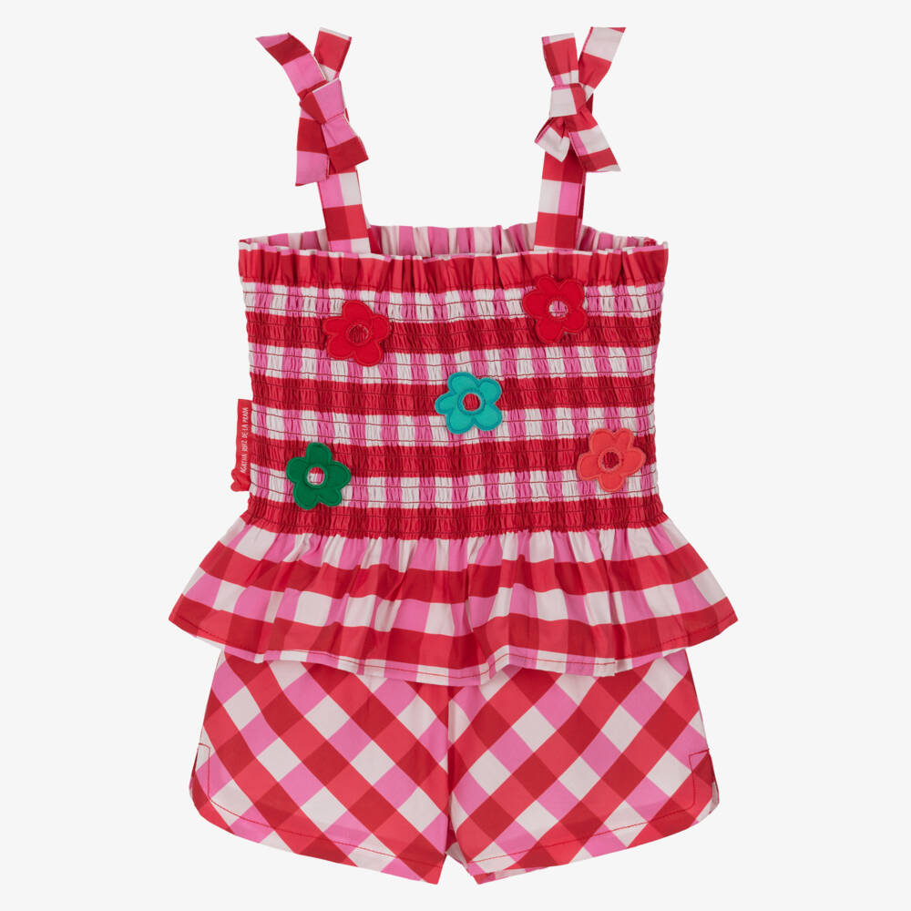 Agatha Ruiz de la Prada-Girls Pink Check Cotton Shorts Set with Floral Appliqués | Childrensalon