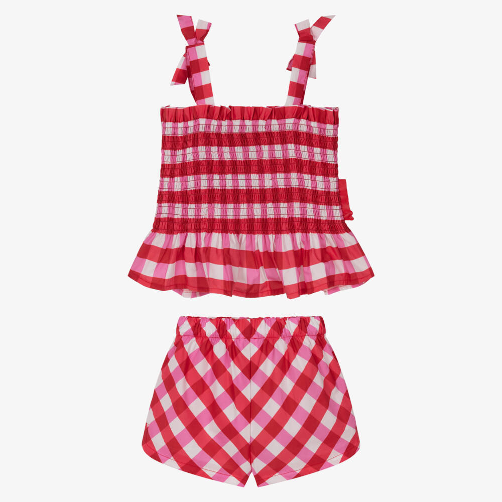 Agatha Ruiz de la Prada-Girls Pink Check Cotton Shorts Set with Floral Appliqués | Childrensalon