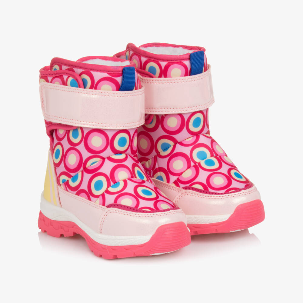 Agatha Ruiz de la Prada-Girls Pink Circle Print Snow Boots with Faux Fur Lining | Childrensalon