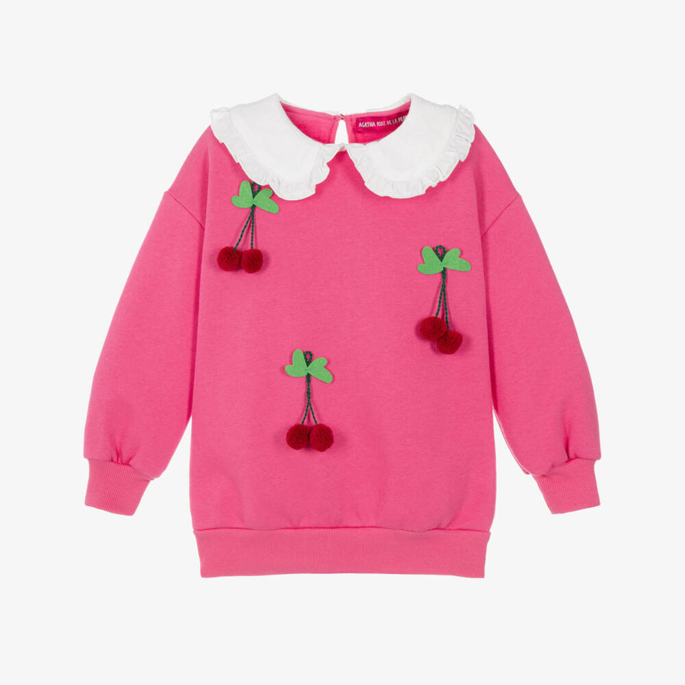 Agatha Ruiz de la Prada-Girls Pink Collared Sweatshirt with Cherries | Childrensalon