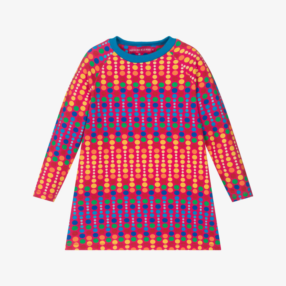 Agatha Ruiz de la Prada-Girls Pink & Colourful Dot Print Cotton Jersey Dress | Childrensalon