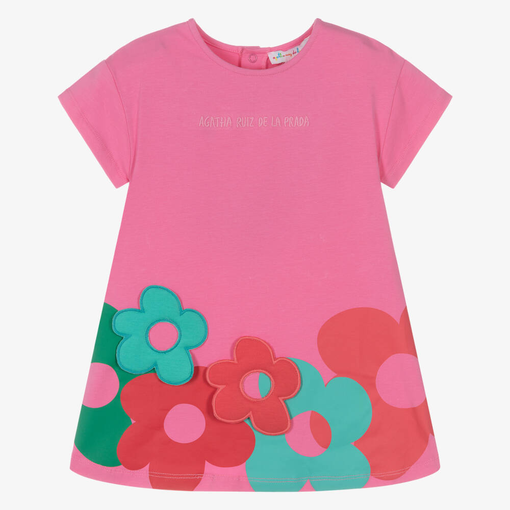 Agatha Ruiz de la Prada-Girls Pink Cotton Dress with Floral Appliqués | Childrensalon