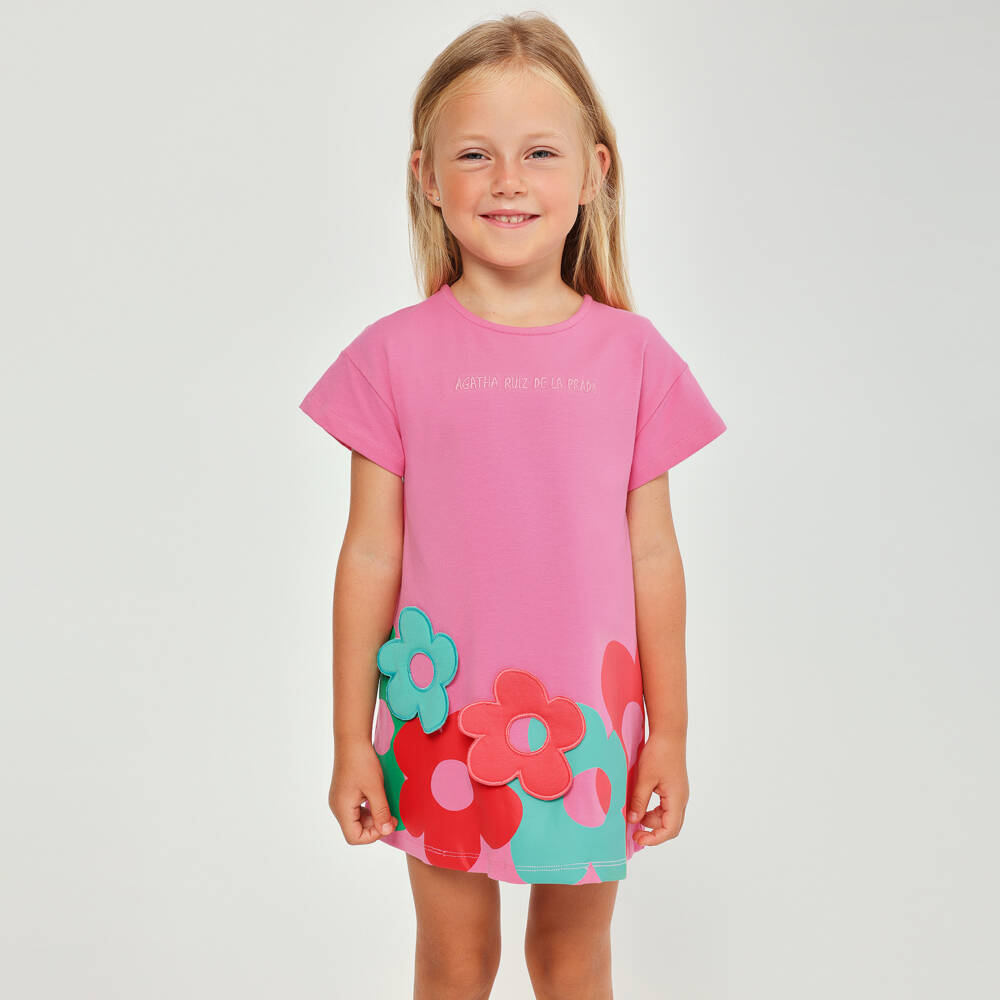 Agatha Ruiz de la Prada-Girls Pink Cotton Dress with Floral Appliqués | Childrensalon