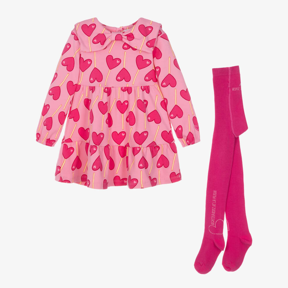 Agatha Ruiz de la Prada-Girls Pink Cotton Heart Lollipop Dress Set | Childrensalon