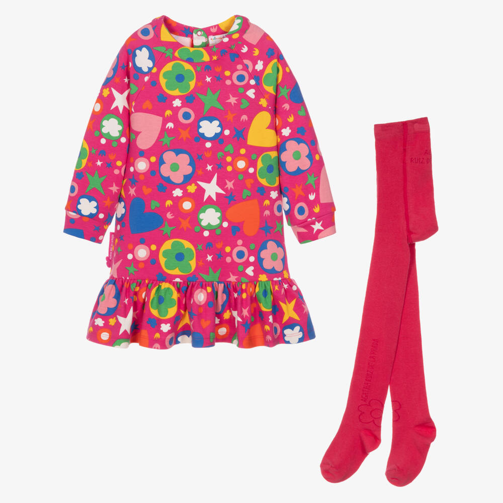 Agatha Ruiz de la Prada-Girls Pink Cotton Jersey Dress Set with Colourful Prints | Childrensalon