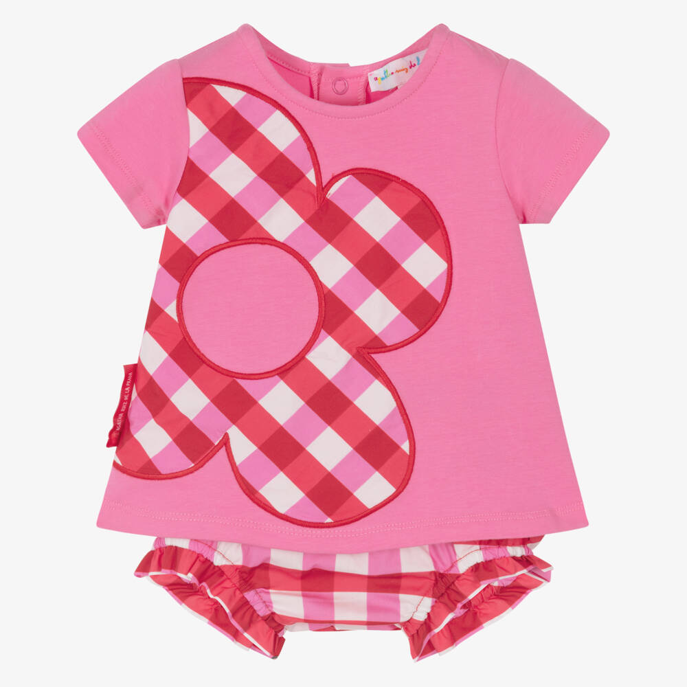 Agatha Ruiz de la Prada-Girls Pink Cotton Jersey Dress with Checked Flower Appliqué | Childrensalon