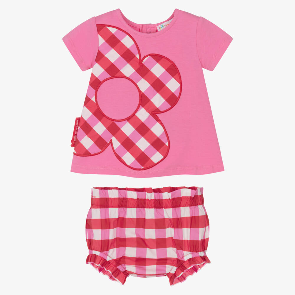 Agatha Ruiz de la Prada-Girls Pink Cotton Jersey Dress with Checked Flower Appliqué | Childrensalon
