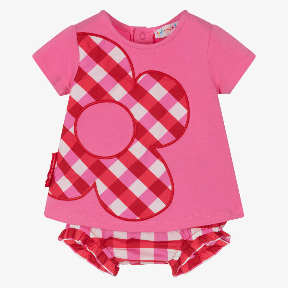 Agatha Ruiz de la Prada-Girls Pink Cotton Jersey Dress with Checked Flower Appliqué | Childrensalon