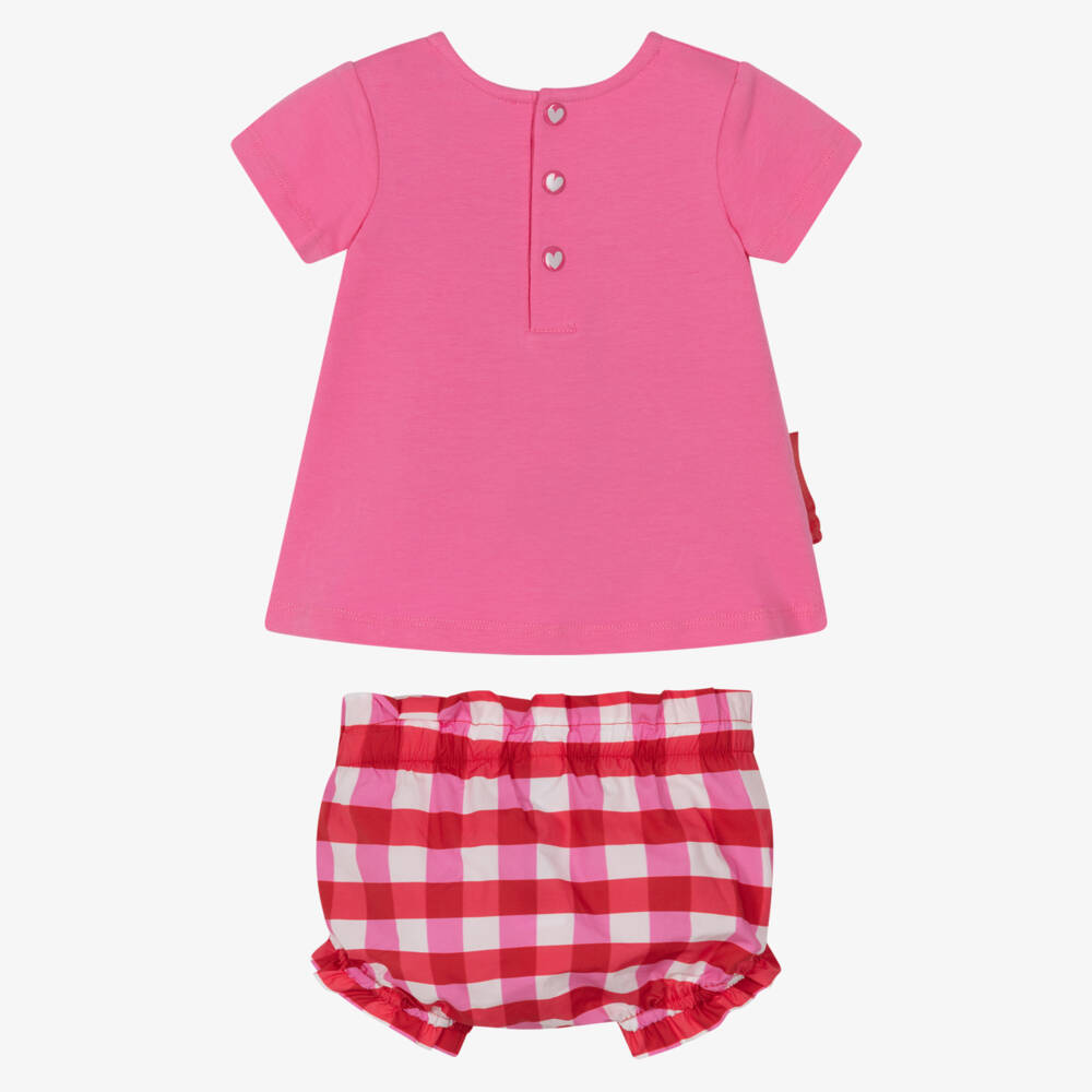 Agatha Ruiz de la Prada-Girls Pink Cotton Jersey Dress with Checked Flower Appliqué | Childrensalon