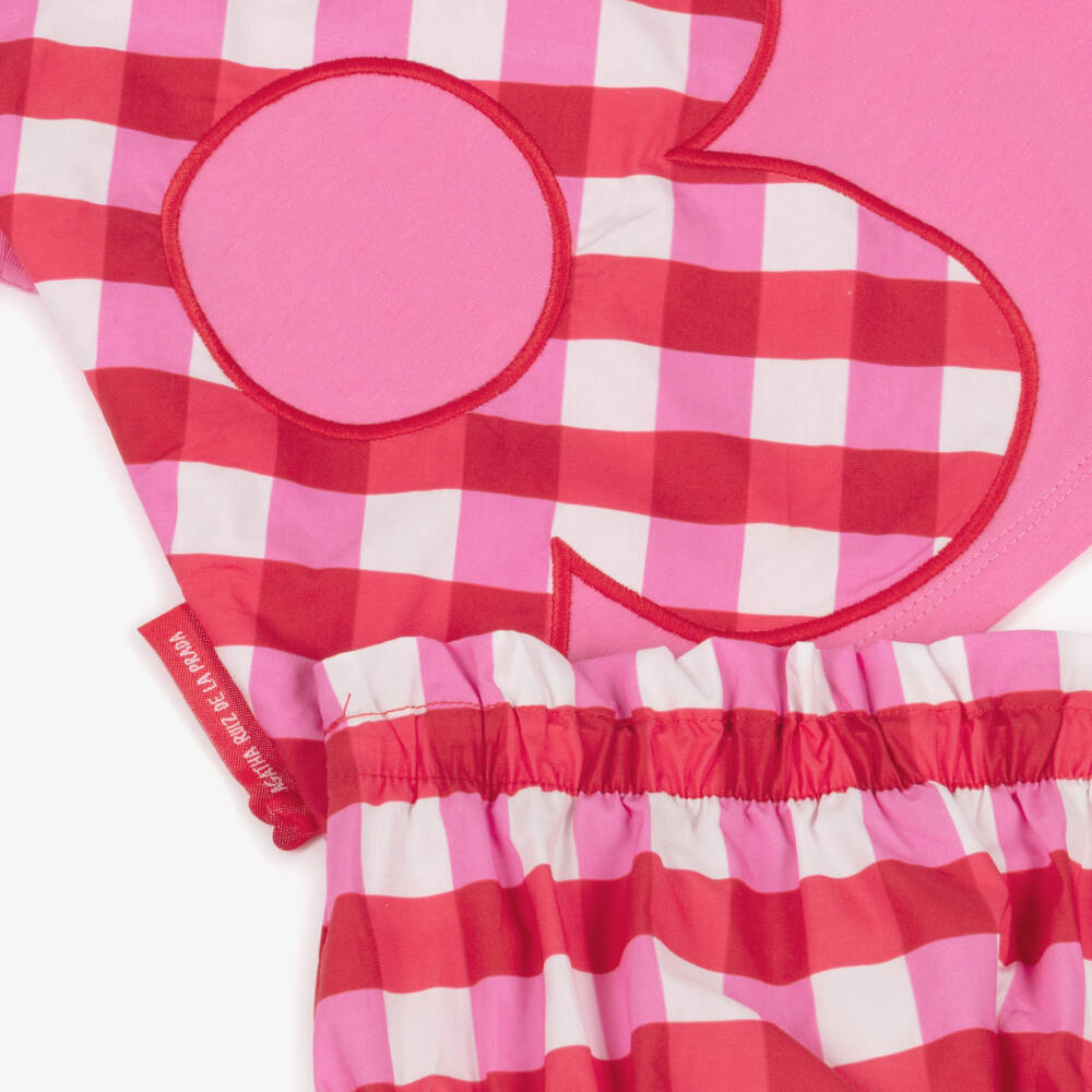 Agatha Ruiz de la Prada-Girls Pink Cotton Jersey Dress with Checked Flower Appliqué | Childrensalon