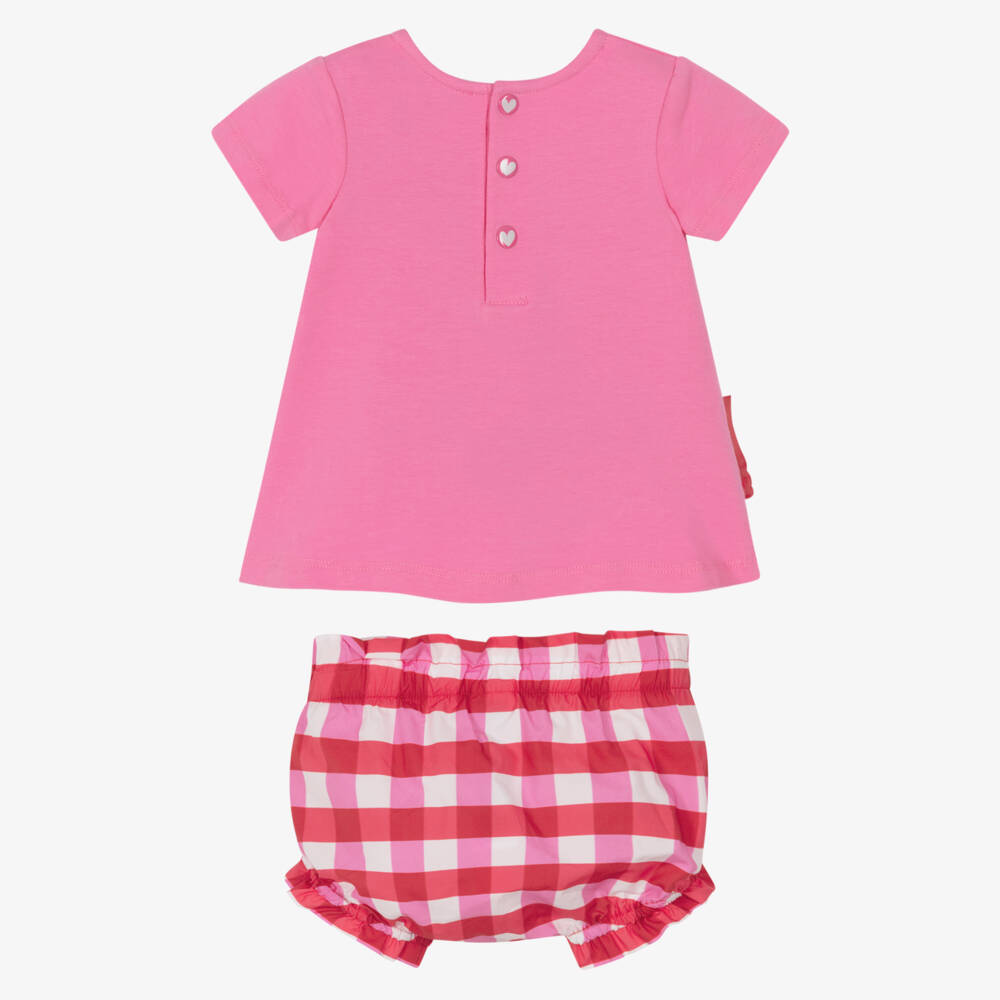 Agatha Ruiz de la Prada-Girls Pink Cotton Jersey Dress with Checked Flower Appliqué | Childrensalon