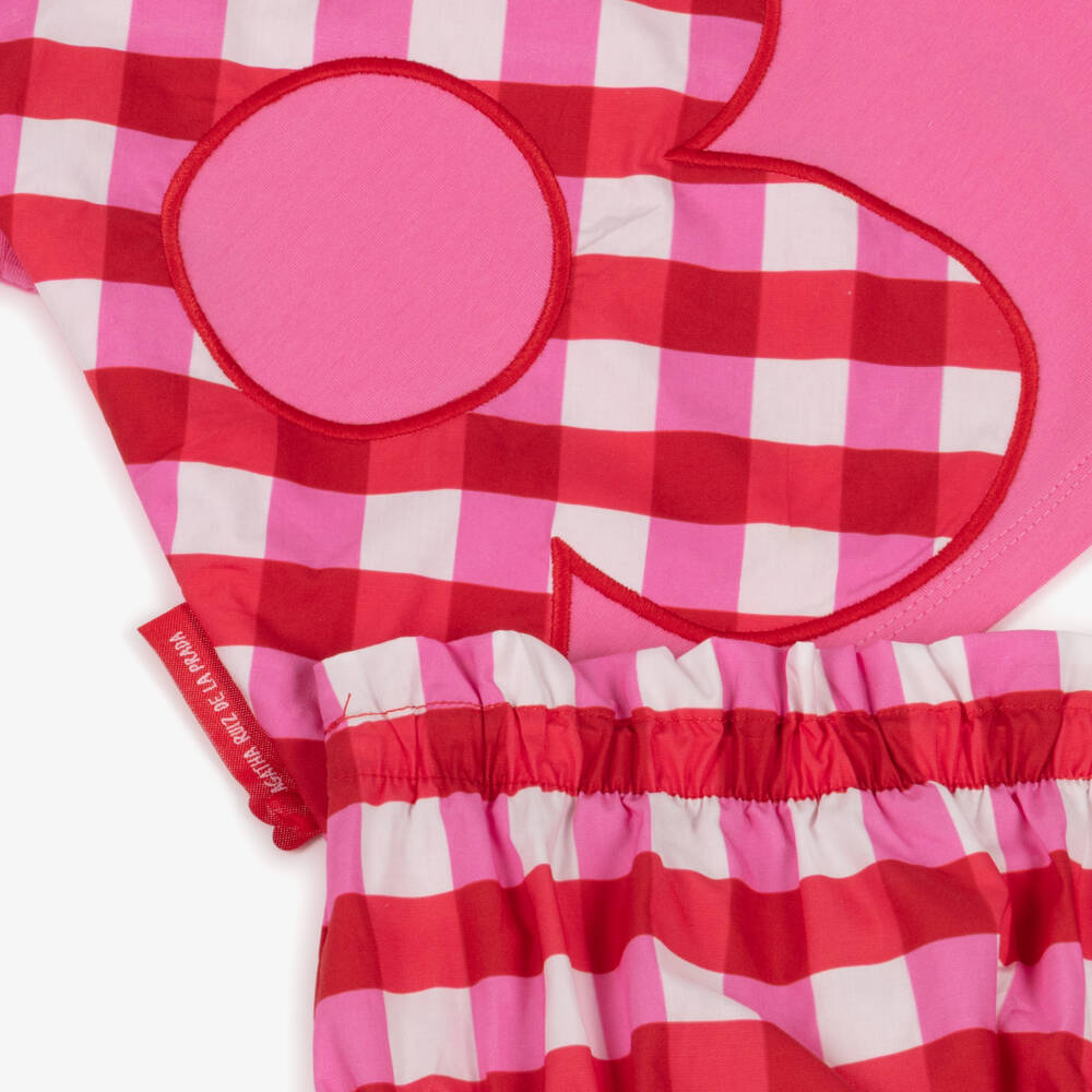 Agatha Ruiz de la Prada-Girls Pink Cotton Jersey Dress with Checked Flower Appliqué | Childrensalon