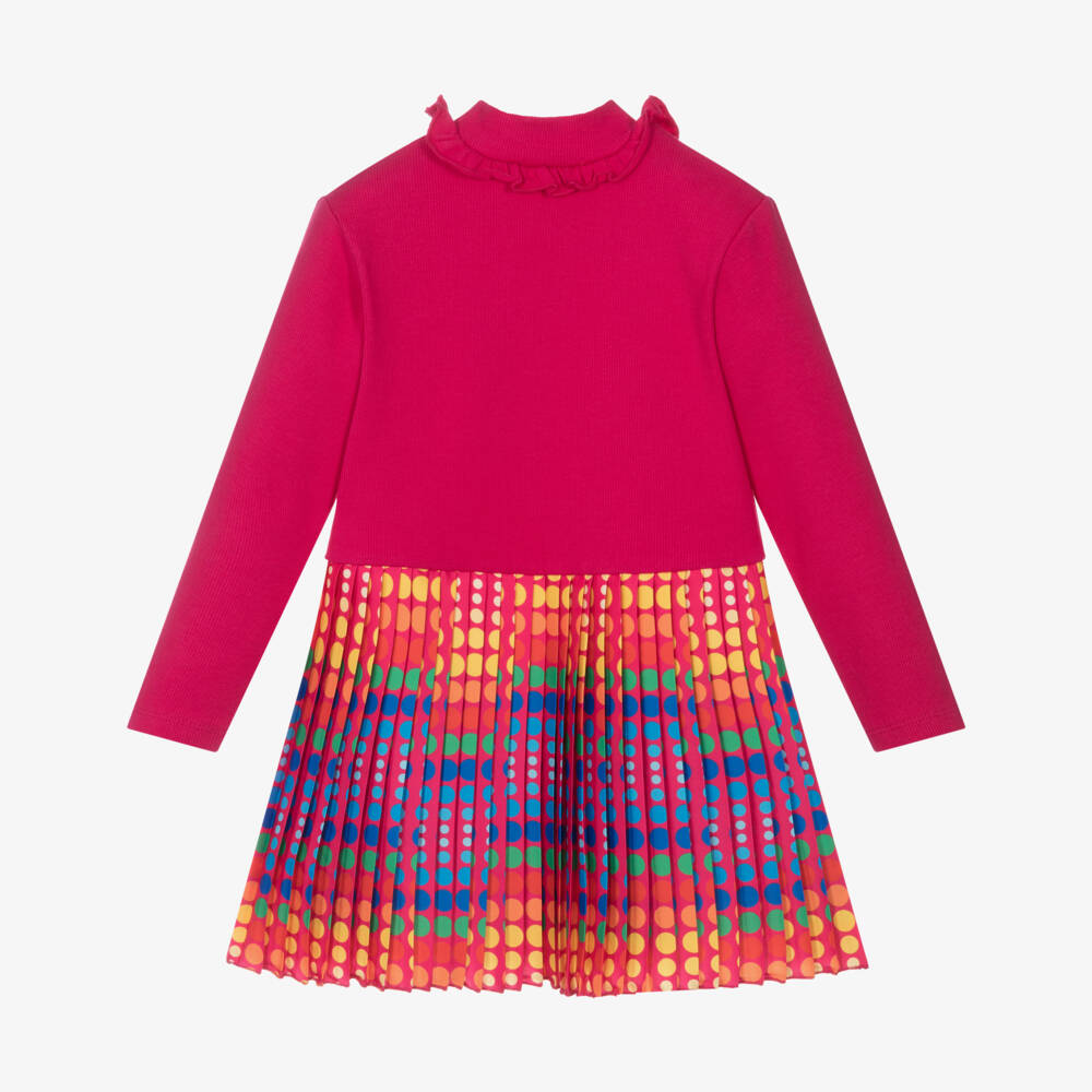 Agatha Ruiz de la Prada-Girls Pink Cotton Jersey & Pleated Satin Dress | Childrensalon