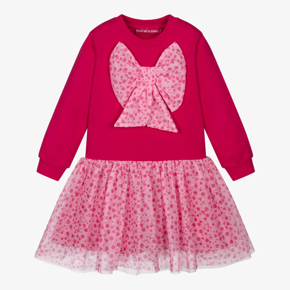 Agatha Ruiz de la Prada-Girls Pink Cotton Jersey & Polka Dot Tulle Dress | Childrensalon