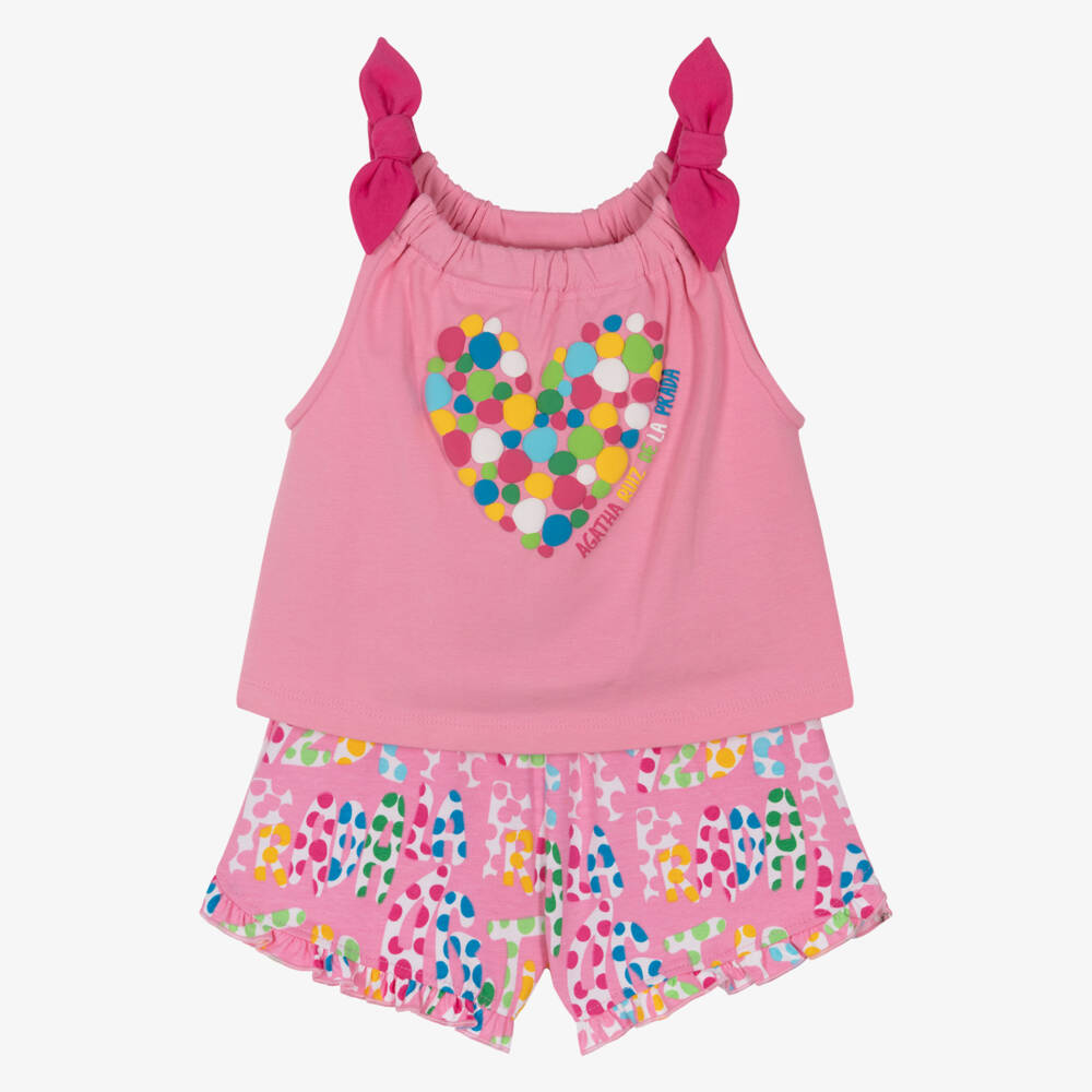 Agatha Ruiz de la Prada-Girls Pink Cotton Logo Shorts Set with Dots | Childrensalon