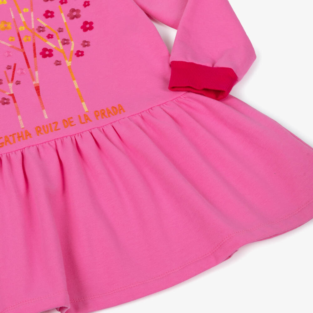 Agatha Ruiz de la Prada-Girls Pink Embroidered Floral Cotton Jersey Dress | Childrensalon