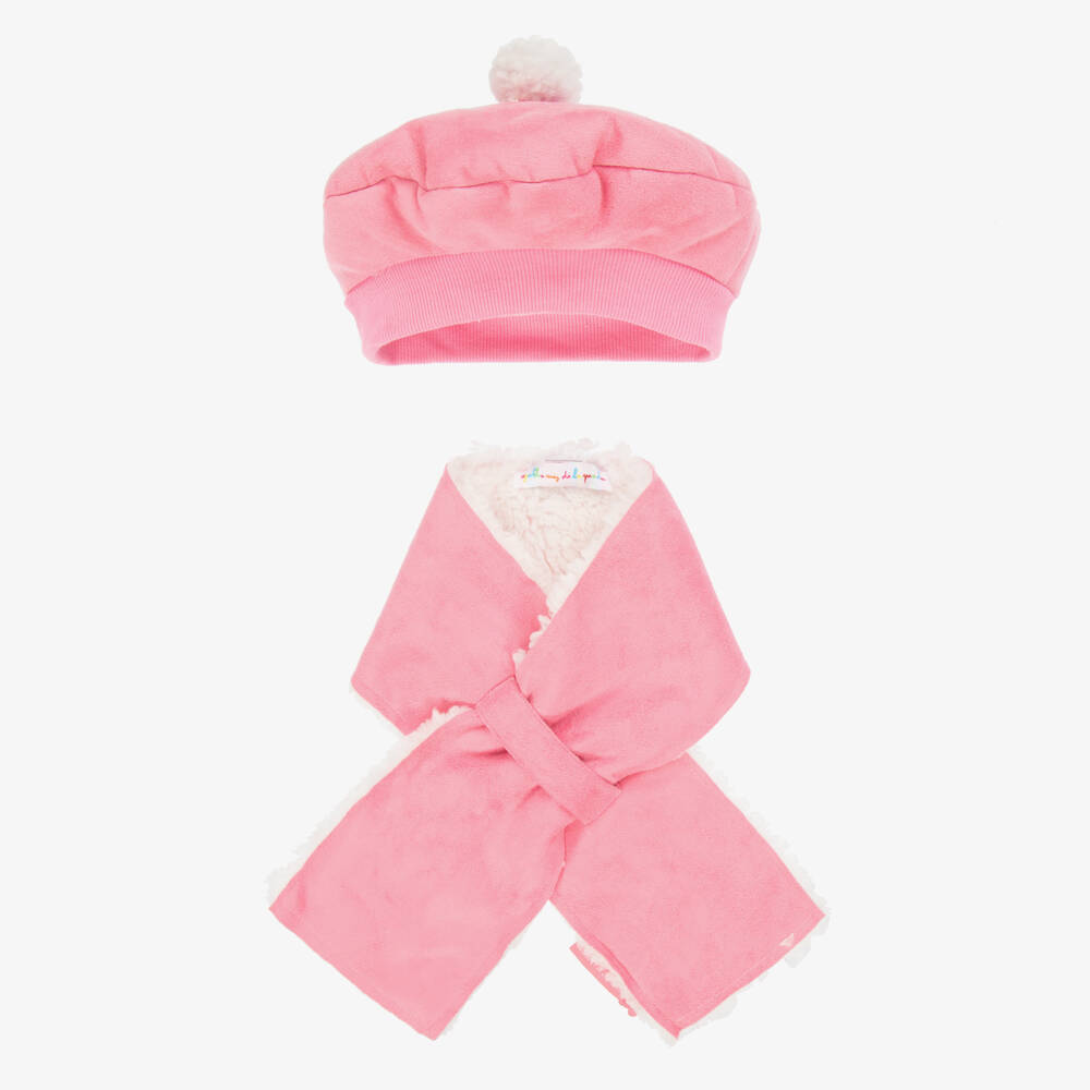 Agatha Ruiz de la Prada-Girls Pink Faux Sheepskin Hat & Scarf Set | Childrensalon