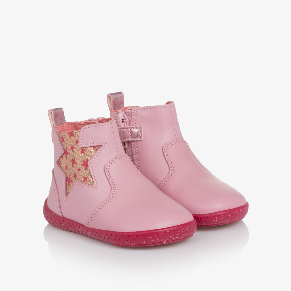 Agatha Ruiz de la Prada-Girls Pink Leather First Walker Boots with Shiny Gold Star | Childrensalon