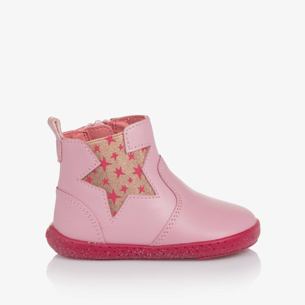 Agatha Ruiz de la Prada-Girls Pink Leather First Walker Boots with Shiny Gold Star | Childrensalon