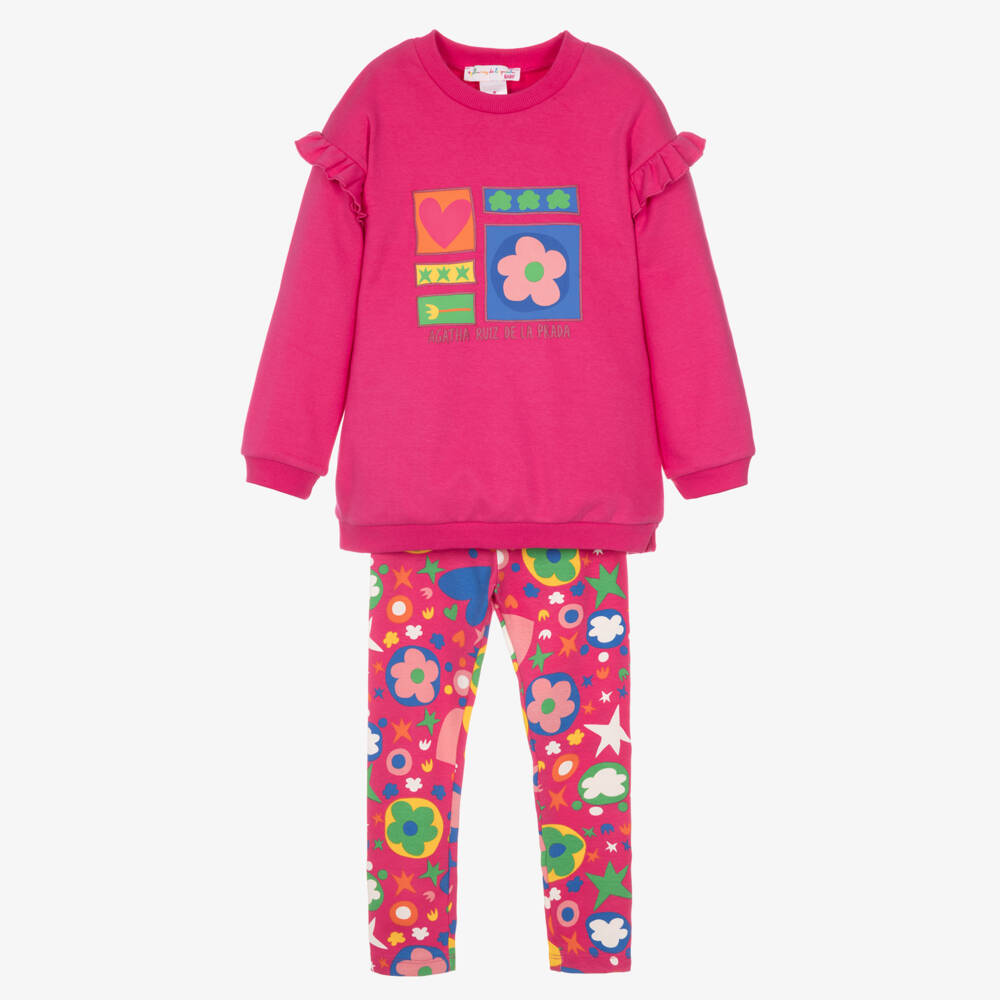 Agatha Ruiz de la Prada-Girls Pink Leggings Set with Colourful Motifs | Childrensalon