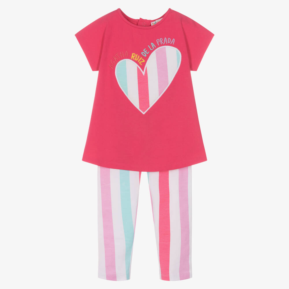 Agatha Ruiz de la Prada-Girls Pink & Pastel Striped Cotton Leggings Set | Childrensalon