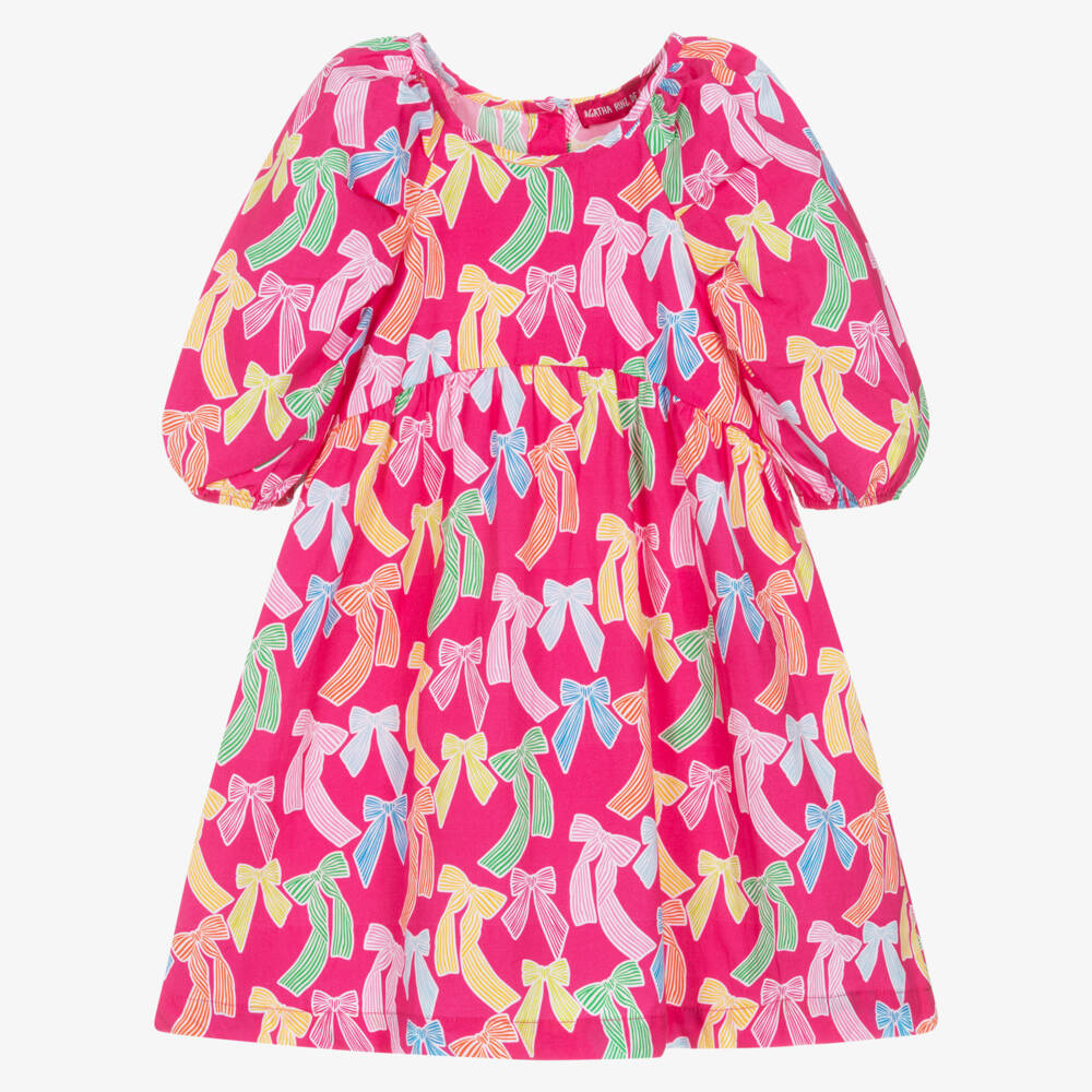 Agatha Ruiz de la Prada-Girls Pink Poplin Dress with Bow Print | Childrensalon