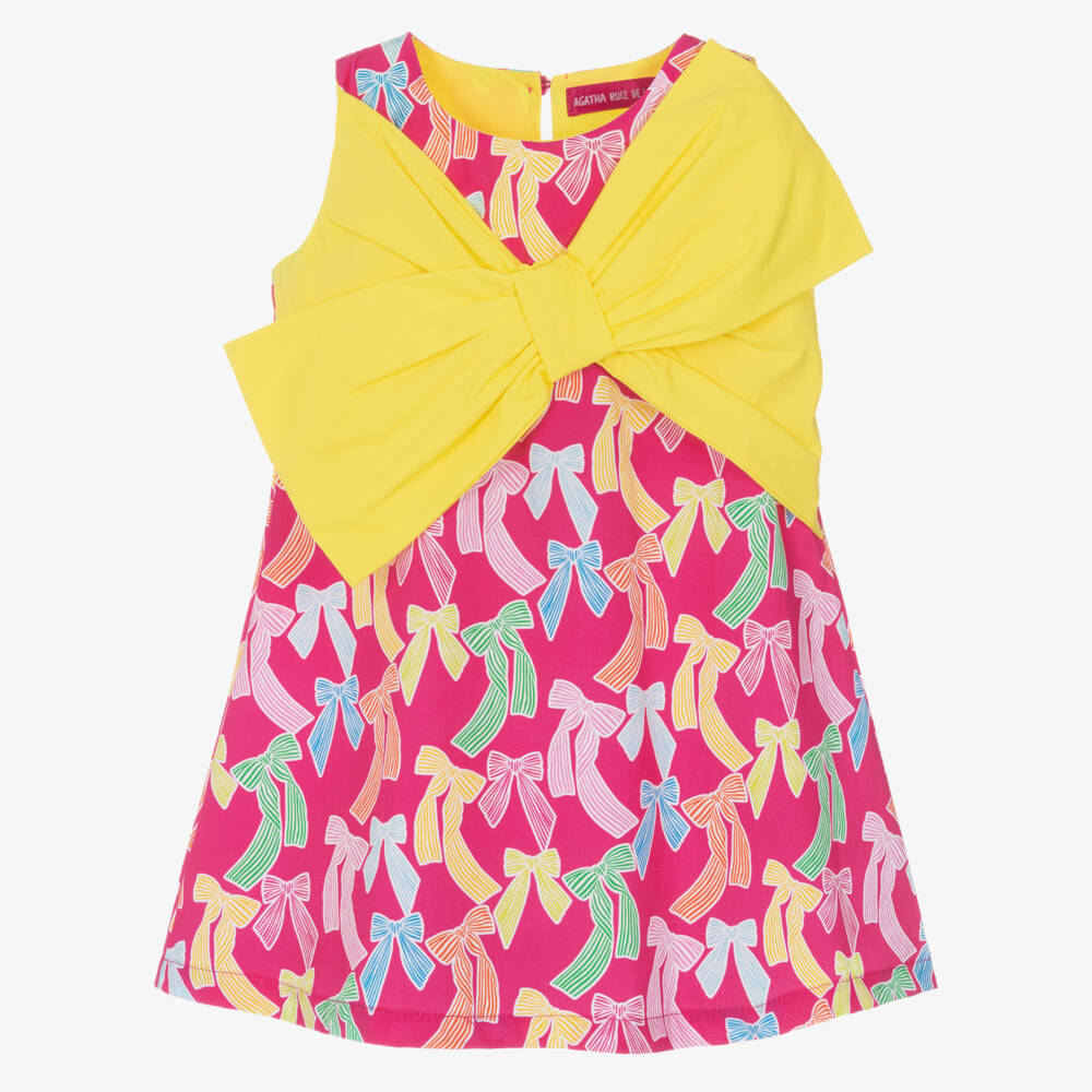 Agatha Ruiz de la Prada-Girls Pink Poplin Dress with Statement Yellow Bow | Childrensalon