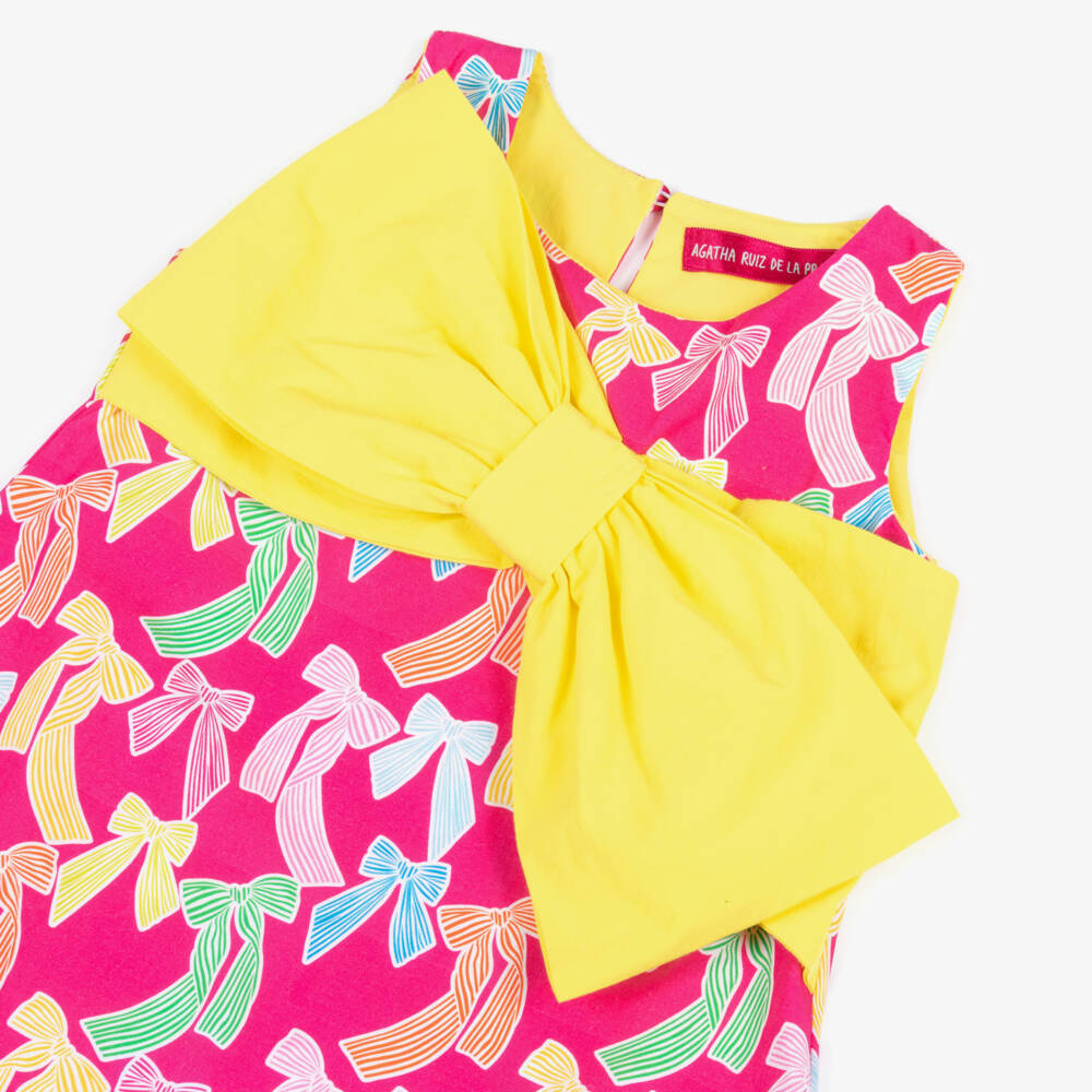 Agatha Ruiz de la Prada-Girls Pink Poplin Dress with Statement Yellow Bow | Childrensalon