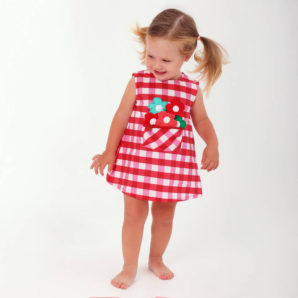 Agatha Ruiz de la Prada-Girls Pink & Red Check Dress with Floral Appliqués | Childrensalon