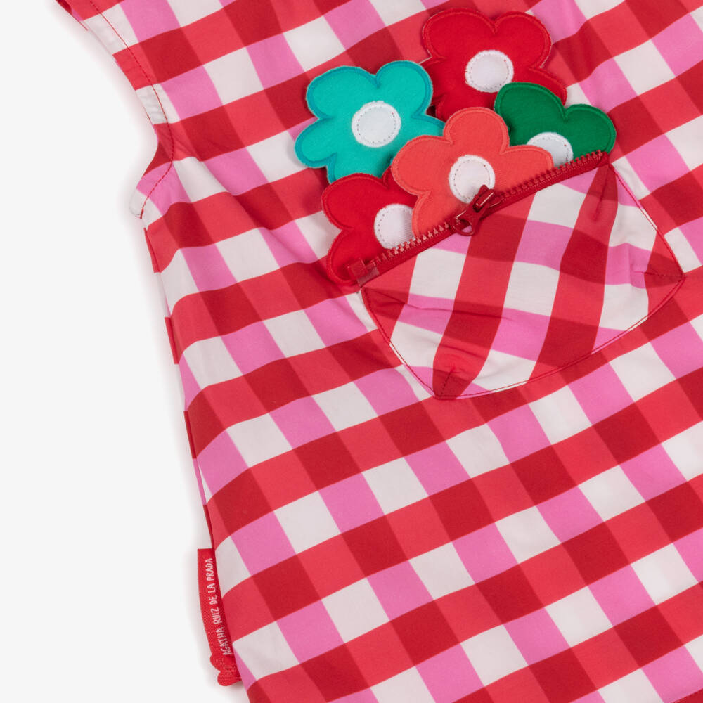 Agatha Ruiz de la Prada-Girls Pink & Red Check Dress with Floral Appliqués | Childrensalon