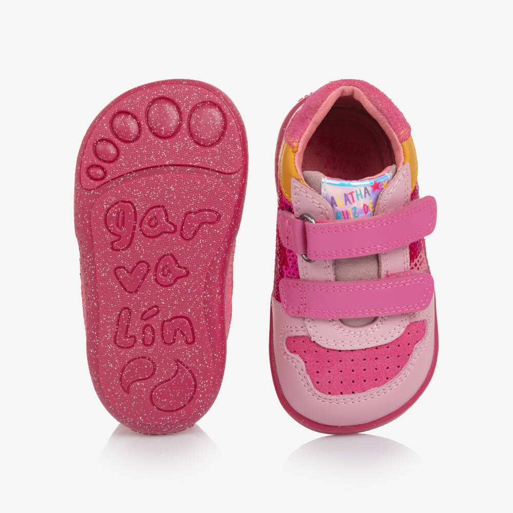 Agatha Ruiz de la Prada-Girls Pink Sequinned Leather First Walker Trainers | Childrensalon