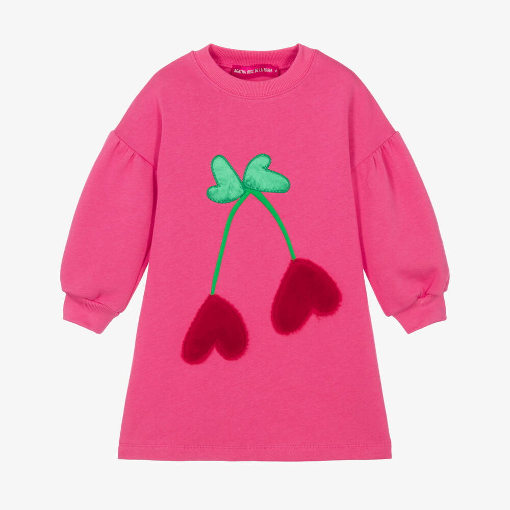 Agatha Ruiz de la Prada-Girls Pink Sweatshirt Dress with Heart Cherries | Childrensalon