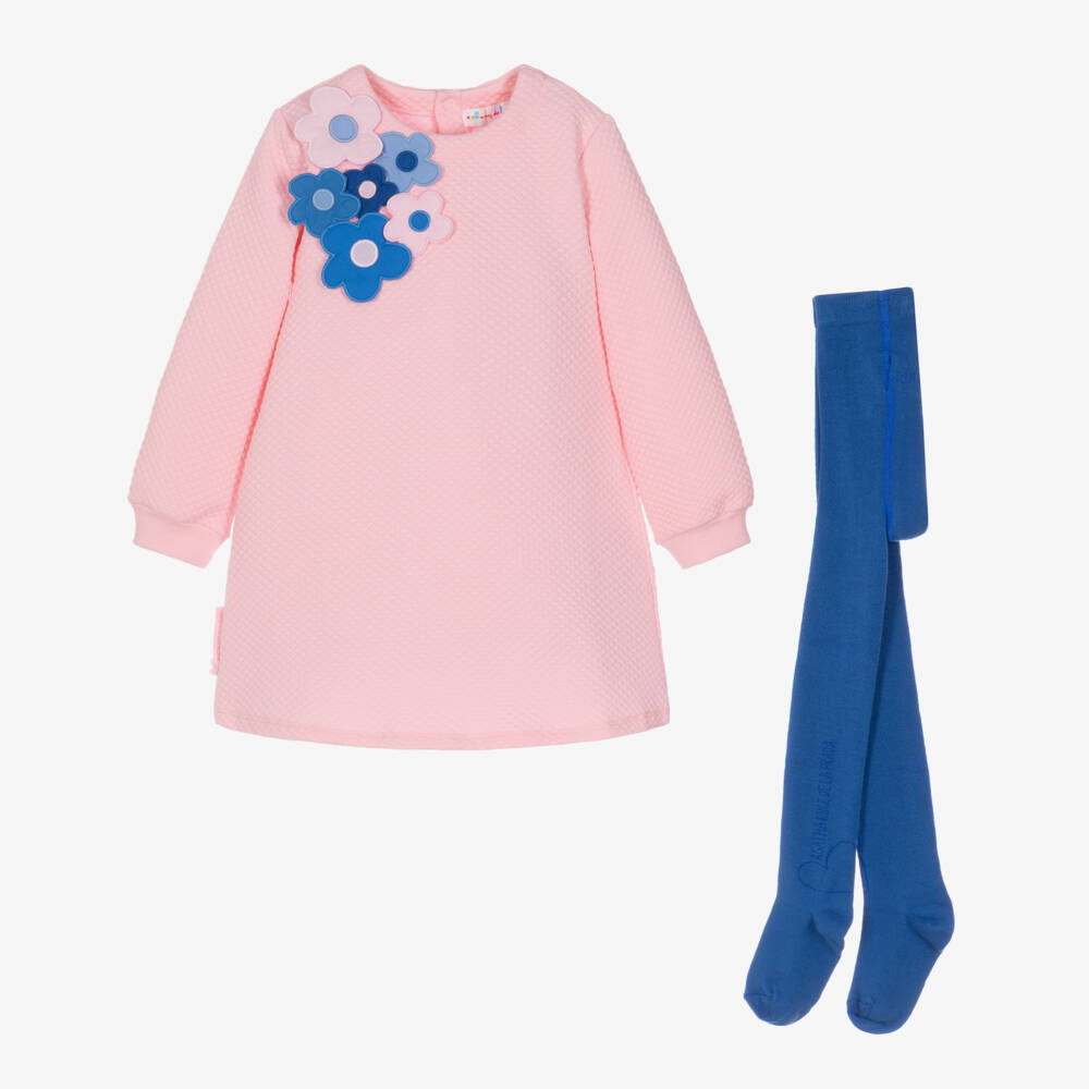 Agatha Ruiz de la Prada-Girls Powder Pink & Cobalt Blue Quilted Jersey Dress Set | Childrensalon