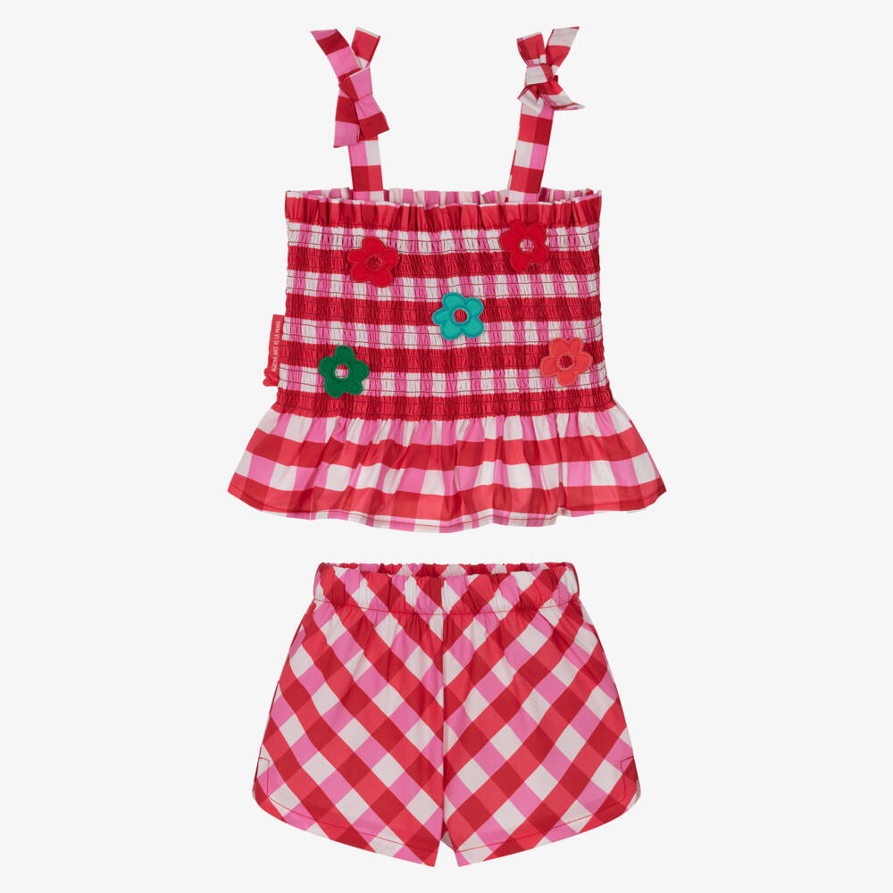 Agatha Ruiz de la Prada-Girls Red Check Cotton Shorts Set with Floral Appliqués | Childrensalon