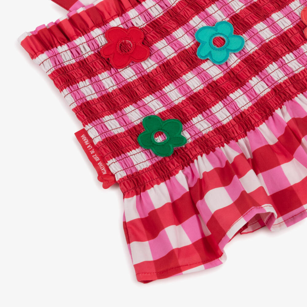 Agatha Ruiz de la Prada-Girls Red Check Cotton Shorts Set with Floral Appliqués | Childrensalon